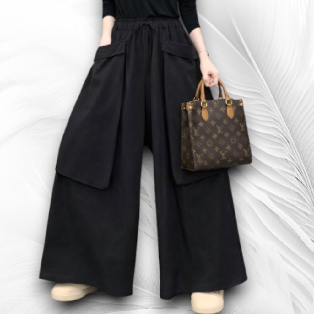 Black Wide Leg Cargo Pants Size M Elastic Waist Streetwear Utility Trousers